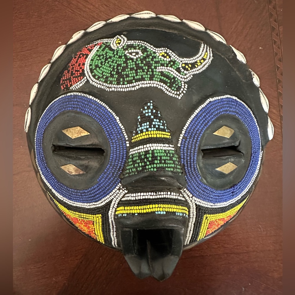 Vintage Ghana African Beaded Brass Shells Wood Hand Carved Mask Wall Decor